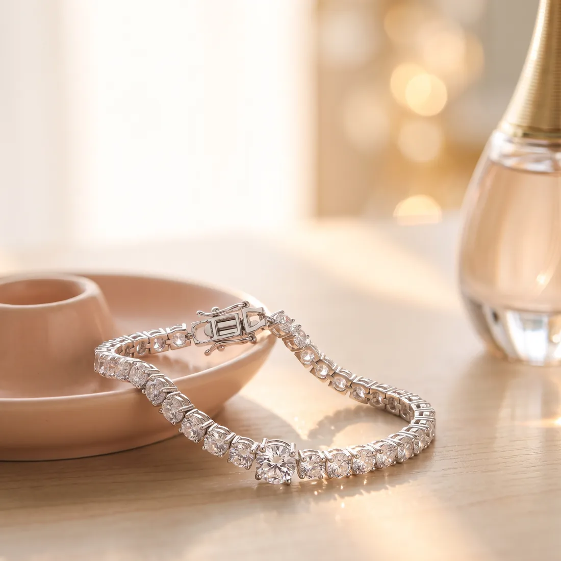Nitaris's shot of the same tennis bracelet on a styled vanity — identical stones, links and fold-over clasp
